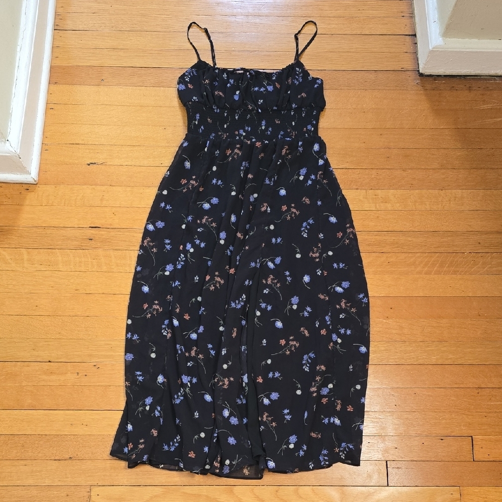 Wilfred, Genoa, Floral Smocked Midi Dress, Black, EUC, Women's M